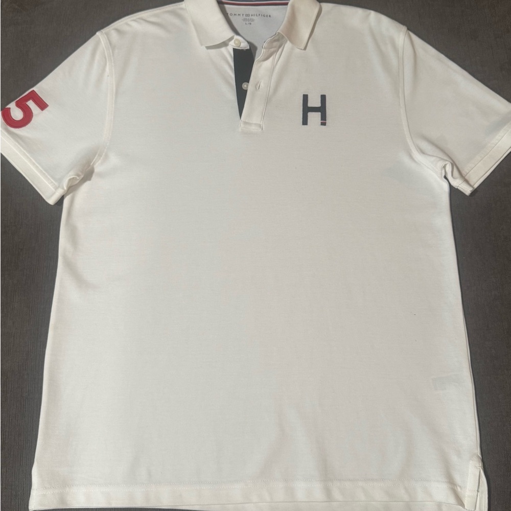 Tommy Hilfiger White Polo with Red and Black Accents Size Large